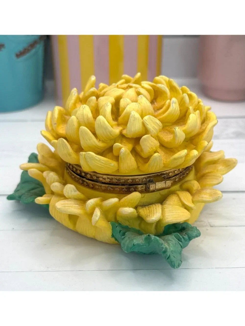 Yellow Chrysanthemum Trinket Box With Hinged Lid & Gold Accents